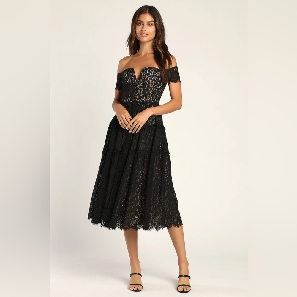 MSRP $99 NWT SIZE MEDIUM LULUS Black Lace Off-the-Shoulder Midi Dress
